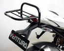 Image showing three components of the Ducati 1099 Street fighter S (09-13) EVO-12 Bike-Pack Kit by Ventura: an EVO-12 pack, an Evo-Rack mounted on a bike, and an L-Bracket with mounting hardware (generic image).