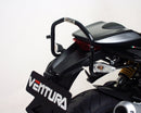 The EVO-12 Bike-Pack Kit image highlights a sleek Ventura bike pack labeled "EVO-12 Pack," including an "Adjustable Pack-Rack" mounted on a Ducati 1100 Monster Diesel (2013) and secured with sturdy black L-Brackets and screws, promising stylish and secure biking adventures.