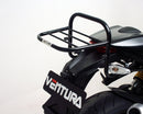 The EVO-12 Bike-Pack Kit image highlights a sleek Ventura bike pack labeled "EVO-12 Pack," including an "Adjustable Pack-Rack" mounted on a Ducati 1100 Monster Diesel (2013) and secured with sturdy black L-Brackets and screws, promising stylish and secure biking adventures.