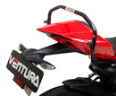 Image showing three Ventura bike accessories: a black EVO-12 pack bag, a metal Evo-Rack installed on a Ducati 1199S Panigale (12-14), and an L-bracket with screws. Text: "EVO-12 Bike-Pack Kit." Perfect for the Evo-Rack system.