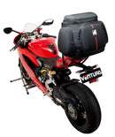 Image showing three Ventura bike accessories: a black EVO-12 pack bag, a metal Evo-Rack installed on a Ducati 1199S Panigale (12-14), and an L-bracket with screws. Text: "EVO-12 Bike-Pack Kit." Perfect for the Evo-Rack system.