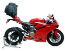 Image showing three Ventura bike accessories: a black EVO-12 pack bag, a metal Evo-Rack installed on a Ducati 1199S Panigale (12-14), and an L-bracket with screws. Text: "EVO-12 Bike-Pack Kit." Perfect for the Evo-Rack system.