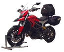 The image displays parts of a Ventura EVO-12 Bike-Pack Kit, featuring the EVO-12 pack with a black bag, an Evo-Rack for Ducati 820 Hyperstrada (13-15), and an L-bracket with screws. All components are clearly labeled in red for easy identification.