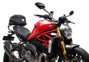 The Ducati 821 Monster (17-21) kit by Ventura showcases a stylish black bike pack with a red stripe and "EVO-12 PACK" label, plus the versatile "EVO-RACK" top-box rack. It includes sturdy L-BRACKET mounts with screws and fittings for secure attachment.