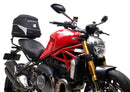 The Ducati 821 Monster (17-21) kit by Ventura showcases a stylish black bike pack with a red stripe and "EVO-12 PACK" label, plus the versatile "EVO-RACK" top-box rack. It includes sturdy L-BRACKET mounts with screws and fittings for secure attachment.