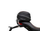The Ducati 821 Monster (17-21) kit by Ventura showcases a stylish black bike pack with a red stripe and "EVO-12 PACK" label, plus the versatile "EVO-RACK" top-box rack. It includes sturdy L-BRACKET mounts with screws and fittings for secure attachment.