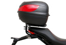 The Ducati 821 Monster (17-21) kit by Ventura showcases a stylish black bike pack with a red stripe and "EVO-12 PACK" label, plus the versatile "EVO-RACK" top-box rack. It includes sturdy L-BRACKET mounts with screws and fittings for secure attachment.