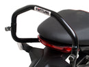 The Ducati 821 Monster (17-21) kit by Ventura showcases a stylish black bike pack with a red stripe and "EVO-12 PACK" label, plus the versatile "EVO-RACK" top-box rack. It includes sturdy L-BRACKET mounts with screws and fittings for secure attachment.