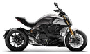 Image of Ventura Ducati Diavel 1260,1260S (20 - >) components. Top left: EVO-12 pack, a compact black bag with an orange stripe. Top right: Evo-Rack, a versatile bike top-box rack. Bottom: L-bracket set with screws in a generic image.