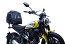 The image displays the Ventura EVO-12 Bike-Pack Kit on a Ducati 800 Scrambler (20-21). Featuring the sleek EVO-12 Pack in black and an adjustable Evo-Rack, it includes the "L-Bracket Generic" with screws for easy mounting.