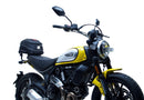 The image displays the Ventura EVO-12 Bike-Pack Kit on a Ducati 800 Scrambler (20-21). Featuring the sleek EVO-12 Pack in black and an adjustable Evo-Rack, it includes the "L-Bracket Generic" with screws for easy mounting.