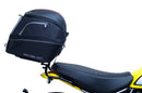 The image displays the Ventura EVO-12 Bike-Pack Kit on a Ducati 800 Scrambler (20-21). Featuring the sleek EVO-12 Pack in black and an adjustable Evo-Rack, it includes the "L-Bracket Generic" with screws for easy mounting.