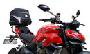 The EVO-12 Bike-Pack Kit for the Ducati 1158 Streetfighter V4/V4S (20 ->) by Ventura includes a black pack with an orange stripe, an adjustable Pack-Rack for seamless bike attachment, and a detailed L-Bracket with screws, all showcased in a generic image.