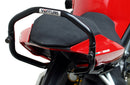The EVO-12 Bike-Pack Kit for the Ducati 1158 Streetfighter V4/V4S (20 ->) by Ventura includes a black pack with an orange stripe, an adjustable Pack-Rack for seamless bike attachment, and a detailed L-Bracket with screws, all showcased in a generic image.