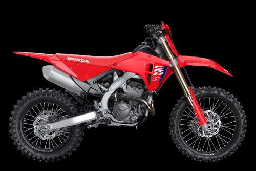 The 2025 Honda CRF250RX is a red off-road bike featuring a sturdy frame, knobby tires, and a black seat. It includes front and rear suspension with visible springs and displays prominent "Honda" branding on the side. The motorcycle is presented against a plain backdrop.