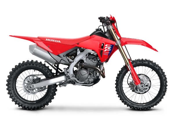The 2025 Honda CRF250RX is a red off-road bike featuring a sturdy frame, knobby tires, and a black seat. It includes front and rear suspension with visible springs and displays prominent "Honda" branding on the side. The motorcycle is presented against a plain backdrop.