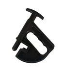 The Rabaconda Drop Center Tool is a black handheld device featuring a T-shaped handle, circular grip, and flat U-shaped base. Ideal for gripping or squeezing objects in mechanical tasks, it is depicted against a white background.