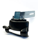 The Rabaconda Duck Head Kit for Cross-Spoked Wheels features a metal mounting bracket with a slotted, rectangular base and a black plastic handle secured on top, designed for street bike tyre changers. Photographed against a white background.