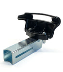 The Rabaconda Duck Head Kit for Cross-Spoked Wheels features a metal mounting bracket with a slotted, rectangular base and a black plastic handle secured on top, designed for street bike tyre changers. Photographed against a white background.