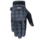 The FIST DIXXON HOUNDS TOOTH GLOVE features black and gray houndstooth, a "Dixxon" wrist label, and raised black "FIST" lettering on the knuckles—ideal MTB gloves for riders who want style and grip.