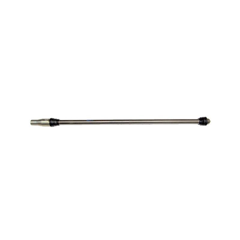 A PROPELLER SHAFT FRONT OEM FITMENT HONDA from OEM HONDA PARTS is a metallic, cylindrical spray wand attachment typically used for pressure washers. Slim and elongated, it features connectors at both ends, with a slightly thicker nozzle at one end and a tapering tip at the opposite end. The background is white.