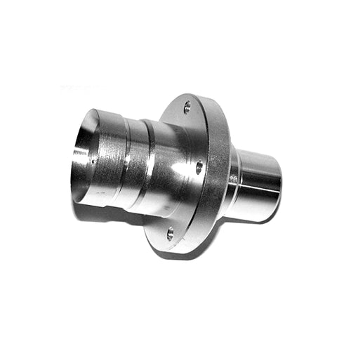 The PINION JOINT OEM FITMENT HONDA from OEM HONDA PARTS is depicted. This shiny, cylindrical metal component with a flange featuring four bolt holes exhibits a stepped profile. It appears to be part of a mechanical assembly, potentially functioning as a drive shaft in industrial or automotive applications for Honda vehicles.
