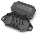 The Husqvarna Automower® Connector Protection Box is a black plastic component with an open hinged lid, multiple internal cable connectors, and moisture-protecting slots.