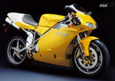 Photo of a Ventura EVO-12 Bike-Pack Kit on a Ducati 998 Biposto (2002), featuring an EVO-12 Pack, Top-Box Rack mounted securely to the bike frame, and L-Bracket with screws. The pack is black with a red stripe and zippers.