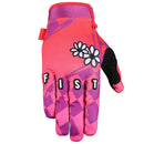 The ELLIE CHEW | CHEWY GLOVE by FIST is a pink and purple BMX glove featuring a checkered pattern, white daisy flowers on the back, and "F I S T" in black and white on the fingers.