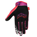 The ELLIE CHEW | CHEWY GLOVE by FIST is a pink and purple BMX glove featuring a checkered pattern, white daisy flowers on the back, and "F I S T" in black and white on the fingers.