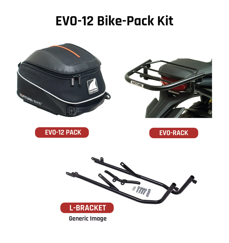 The Ventura EVO-12 Bike-Pack Kit for the Honda CBR 1100 XX Blackbird (97-07) includes a stylish black pack with red trim, an Adjustable Pack-Rack for flexible bike mounting, and an L-bracket set with screws depicted in a generic image.