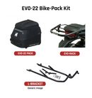 The image showcases a Venture EVO-12 Bike-Pack Kit with an Adjustable Pack-Rack and black pack, highlighted by an orange stripe, on a Honda VF 1000 FE, FD. The EVO-Rack is mounted on the motorcycle. The L-Bracket comes with screws and each piece labeled in striking red text.