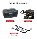 The image showcases a Venture EVO-12 Bike-Pack Kit with an Adjustable Pack-Rack and black pack, highlighted by an orange stripe, on a Honda VF 1000 FE, FD. The EVO-Rack is mounted on the motorcycle. The L-Bracket comes with screws and each piece labeled in striking red text.