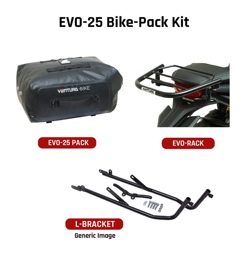 Image showing the Ventura EVO-12 Bike-Pack Kit for Kawasaki Z 400/Z 400 ABS (18–>), with the EVO-12 pack, Evo-Rack mounted on a motorcycle, and a labeled L-Bracket including bolts and hardware for easy identification.
