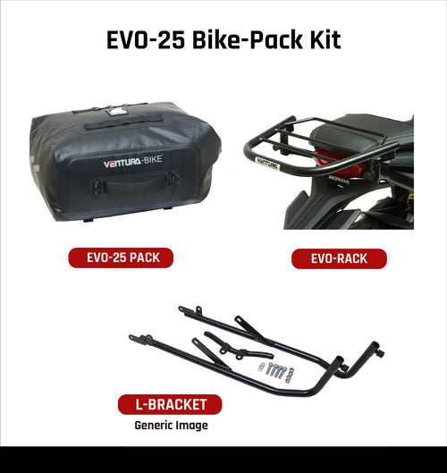 The Ventura EVO-12 Bike-Pack Kit for the Honda CBR 1100 XX Blackbird (97-07) includes a stylish black pack with red trim, an Adjustable Pack-Rack for flexible bike mounting, and an L-bracket set with screws depicted in a generic image.