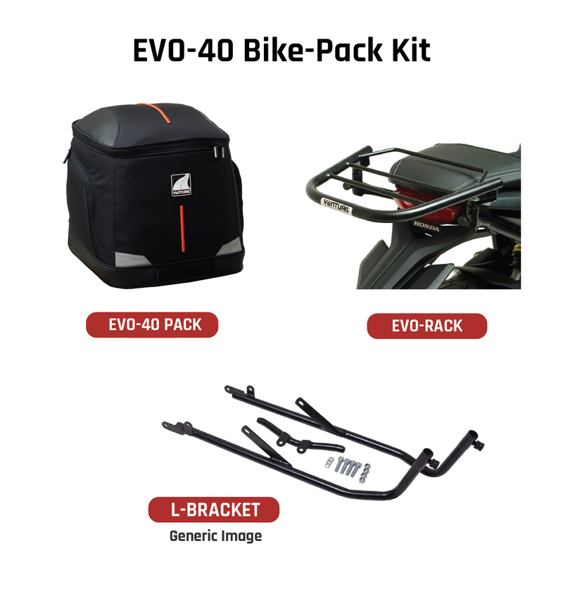 The Ventura EVO-12 Bike-Pack Kit for the Honda CBR 1100 XX Blackbird (97-07) includes a stylish black pack with red trim, an Adjustable Pack-Rack for flexible bike mounting, and an L-bracket set with screws depicted in a generic image.