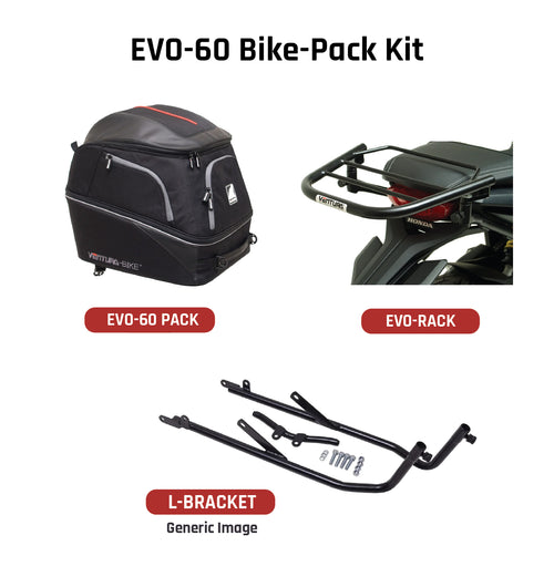 The Ventura EVO-12 Bike-Pack Kit for the Honda CBR 1100 XX Blackbird (97-07) includes a stylish black pack with red trim, an Adjustable Pack-Rack for flexible bike mounting, and an L-bracket set with screws depicted in a generic image.