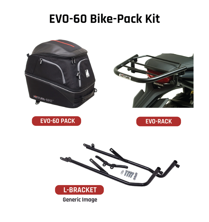 The Ventura EVO-12 Bike-Pack Kit for the Honda CBR 1100 XX Blackbird (97-07) includes a stylish black pack with red trim, an Adjustable Pack-Rack for flexible bike mounting, and an L-bracket set with screws depicted in a generic image.