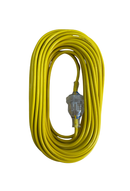 A coiled yellow extension cord with a clear plastic outlet connector, isolated on a white background.
