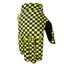 The FIST YELLA CHECK GLOVE features a black and yellow checkerboard design, "FIST" in yellow on the fingers, and a small yellow "FIST" tag near the wrist. Ideal for BMX use.