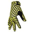 The FIST YELLA CHECK GLOVE features a black and yellow checkerboard design, "FIST" in yellow on the fingers, and a small yellow "FIST" tag near the wrist. Ideal for BMX use.