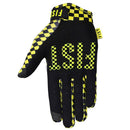 The FIST YELLA CHECK GLOVE features a black and yellow checkerboard design, "FIST" in yellow on the fingers, and a small yellow "FIST" tag near the wrist. Ideal for BMX use.