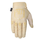 The FIST KHAKI STOCKER GLOVE is a beige MTB glove featuring a fist logo, "FIST" printed on the knuckles, a black "FIST" tag, textured palm for grip, and touch screen capability for easy use on the go.