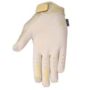 The FIST KHAKI STOCKER GLOVE is a beige MTB glove featuring a fist logo, "FIST" printed on the knuckles, a black "FIST" tag, textured palm for grip, and touch screen capability for easy use on the go.
