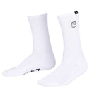 WHITE STOCKER SOCKS by FIST: white cotton crew socks with a black fist logo on the ankle, black text on the sole, and arch compression for support, shown on a plain white background.