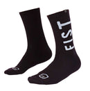 The FIST SPELLOUT SOCKS are black, super soft cotton socks with "FIST" in white on the side, a white fist icon on the toes, and arch compression for comfort.