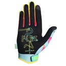 The FIST FLAMINGO ATTACK GLOVE is a light blue MTB glove with bright yellow trim, decorated with pink flamingos and martini glasses. "FIST" appears in yellow and green letters across the fingers.