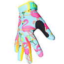 The FIST FLAMINGO ATTACK GLOVE is a light blue MTB glove with bright yellow trim, decorated with pink flamingos and martini glasses. "FIST" appears in yellow and green letters across the fingers.