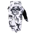 The FIST FLASH GLOVE showcases black and white tattoo-style art with a skull in a hat, swallow, and flowers. "FIST" is printed on the fingers—ideal for standout BMX or MTB riders seeking unique style.