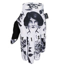 The FIST FLASH GLOVE showcases black and white tattoo-style art with a skull in a hat, swallow, and flowers. "FIST" is printed on the fingers—ideal for standout BMX or MTB riders seeking unique style.